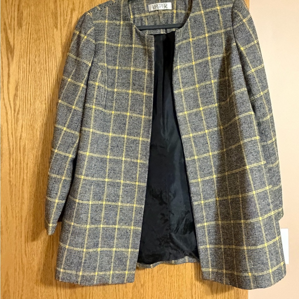 Kasper Gray Plaid Collarless Blazer with Yellow Windowpane
